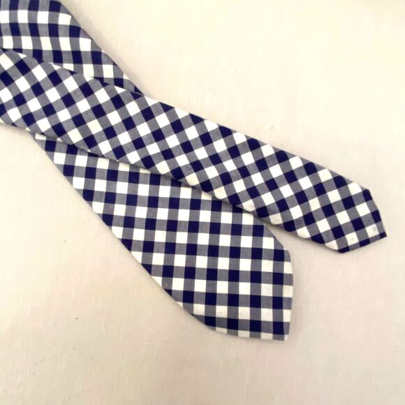 J Crew Mens Neck Tie Summer Cotton Gingham Plaid Navy And White - Picture 3 of 6